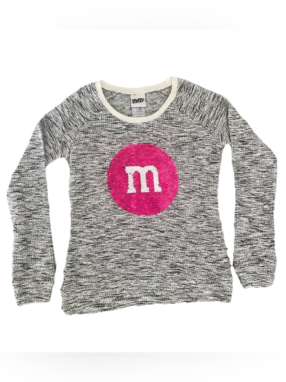 M&M's Pink Sequin Sweater Gray Marled Knit Pullover Women’s Small Y2K